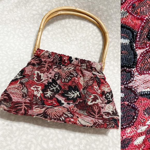 Vintage Handbags - Vintage Tapestry Bag Ruby Red Burgundy Brocade Beaded Handbag Wood Handle